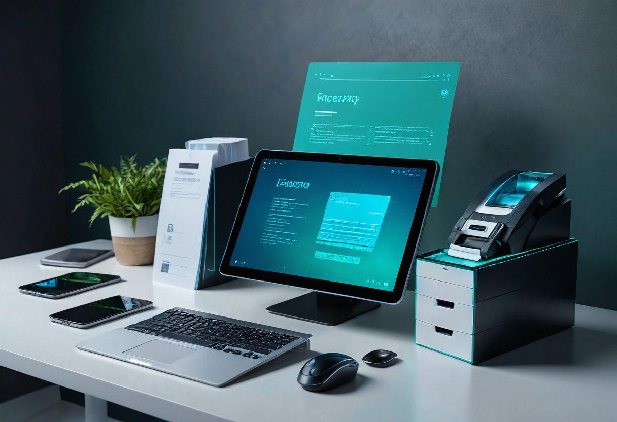 A sleek digital workspace featuring a futuristic computer with an online fax interface on the screen, surrounded by floating holographic files and documents. Include elements like a stack of organized papers, a modern smartphone, and a glowing clock showing efficiency. The background should be a blend of blue and green tones symbolizing technology and speed. super-realistic. vibrant colors. 3D.