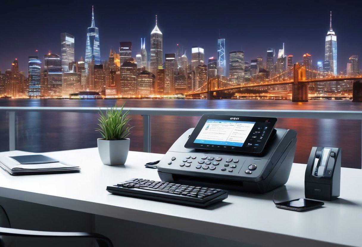 A sleek modern office workspace featuring a high-tech fax machine with glowing screens and secure digital interfaces, surrounded by efficient tools like a laptop, a smartphone, and organized documents. Bright lighting creates a professional atmosphere, while abstract data streams and lock symbols hint at security and fast communication. The background includes a blurred city skyline to imply connectivity. super-realistic. vibrant colors. 3D.