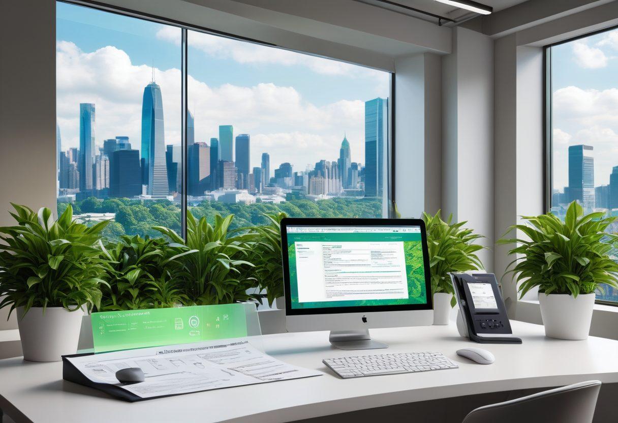 A sleek digital interface showcasing a virtual fax service, surrounded by flowing paper documents transforming into digital data streams. In the background, a modern office setting with vibrant green plants, a computer screen displaying the fax software, and a glowing city skyline through a window. The image conveys efficiency and technology in document transmission. minimalistic. vibrant colors. 3D.